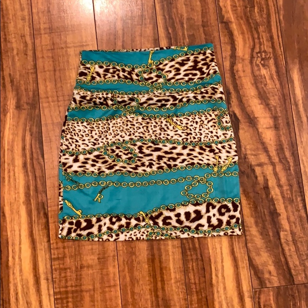 Teal, cheetah print, designer patterned mini skirt